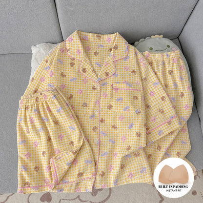 Yellow Gingham Padded 3 Piece Night Suit