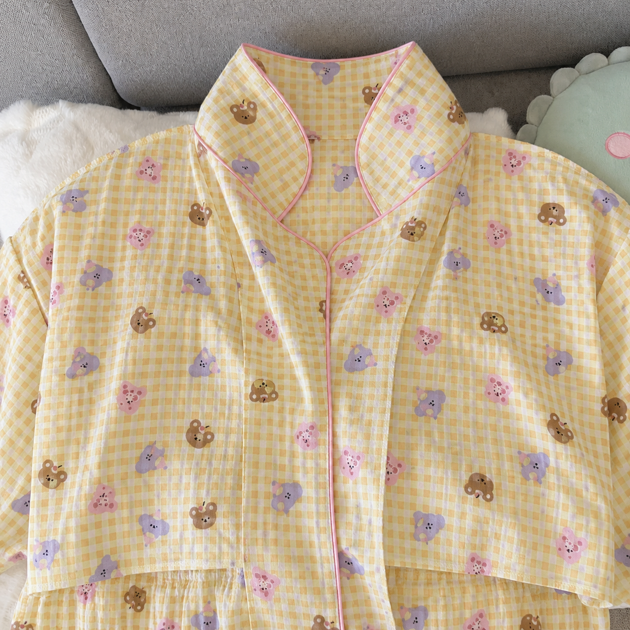 Yellow Gingham Padded 3 Piece Night Suit