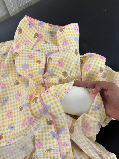 Yellow Gingham Padded 3 Piece Night Suit