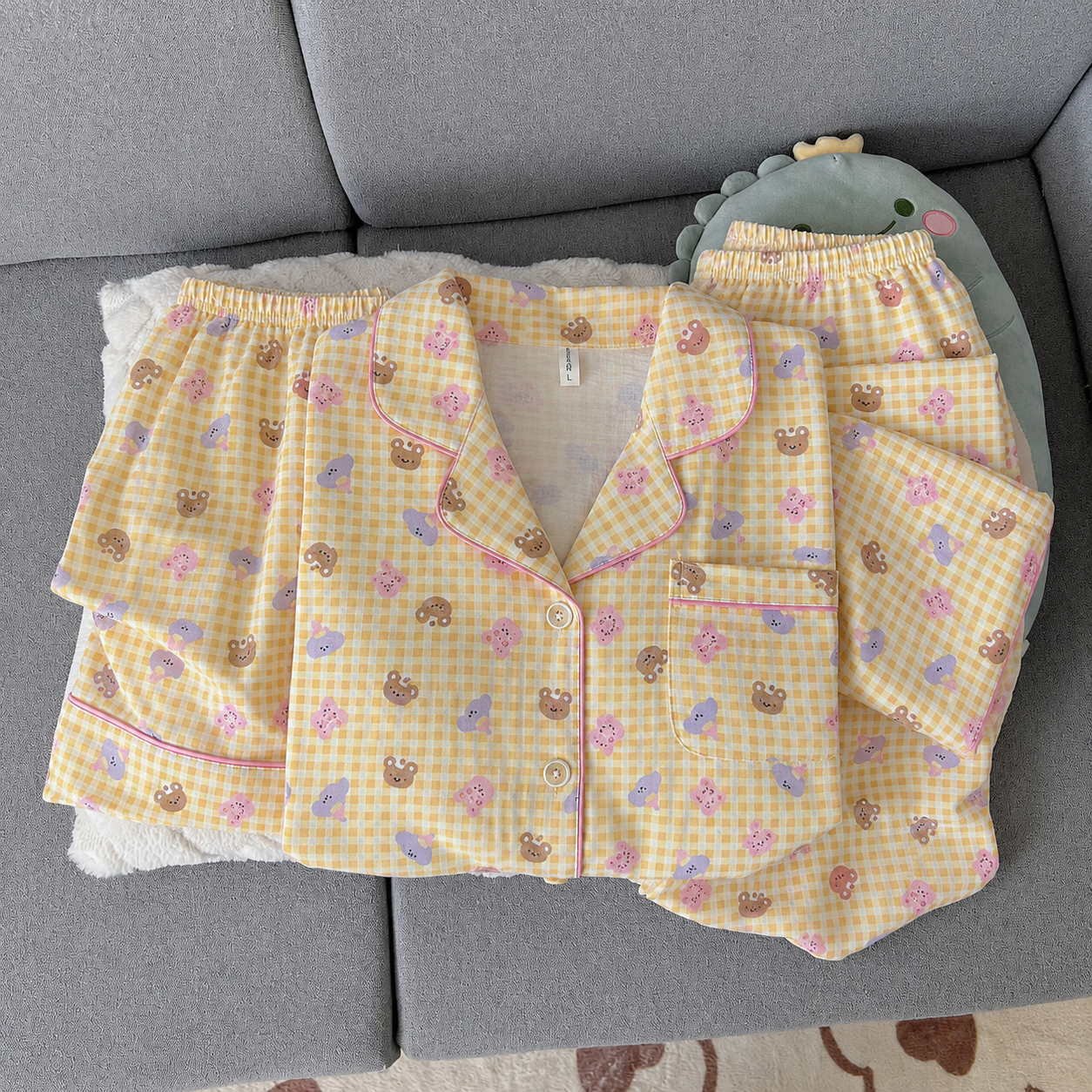 Yellow Gingham Padded 3 Piece Night Suit