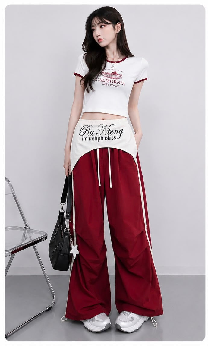 Red Wide Leg Pants With Removable Belt