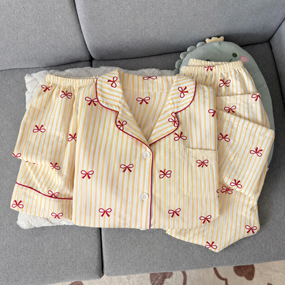 Yellow Striped Bow Padded 3 Piece Night Suit