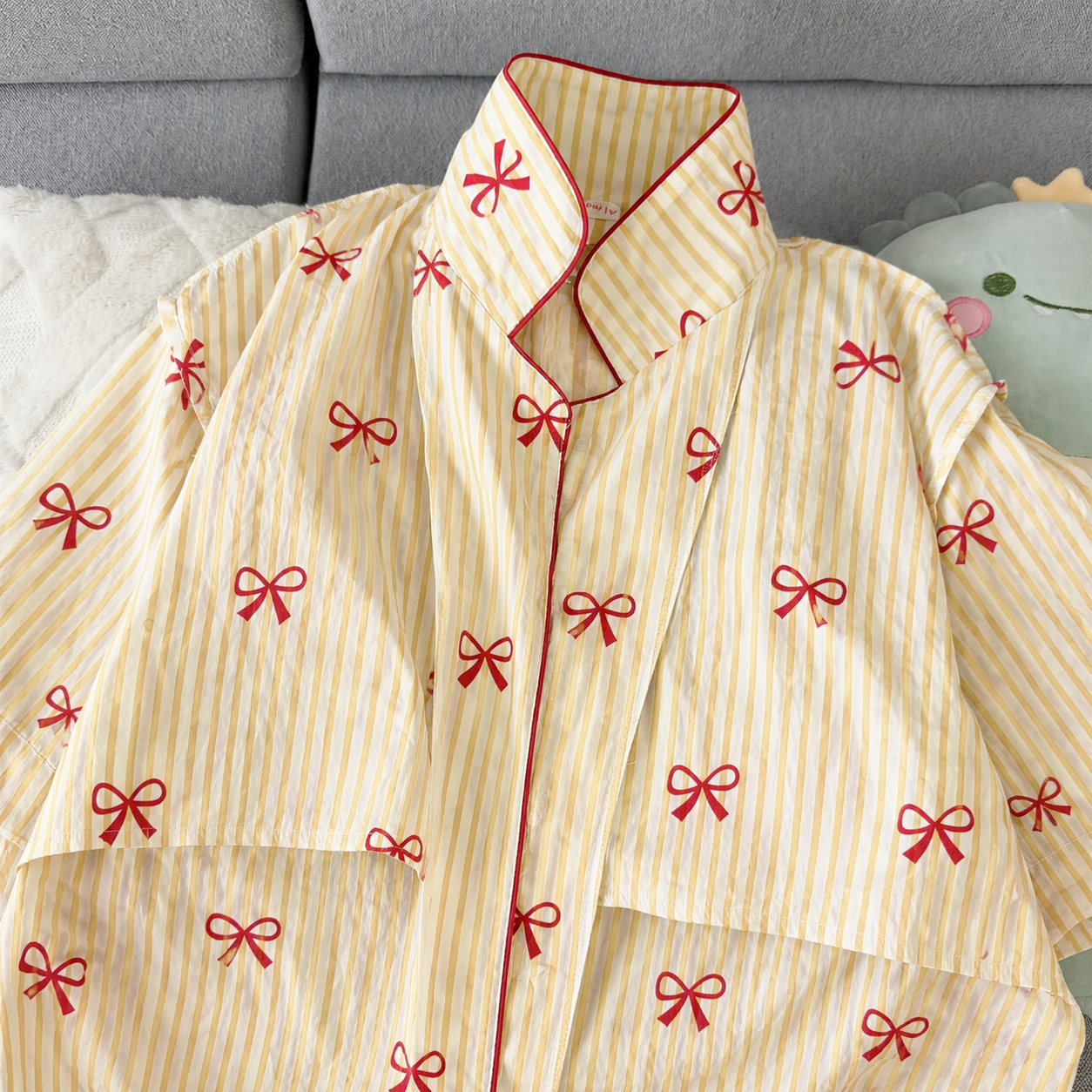 Yellow Striped Bow Padded 3 Piece Night Suit