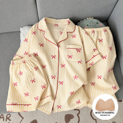 Yellow Striped Bow Padded 3 Piece Night Suit