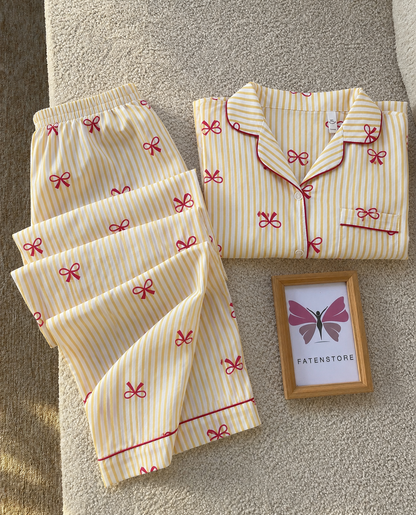 Yellow Striped Bow Padded 3 Piece Night Suit