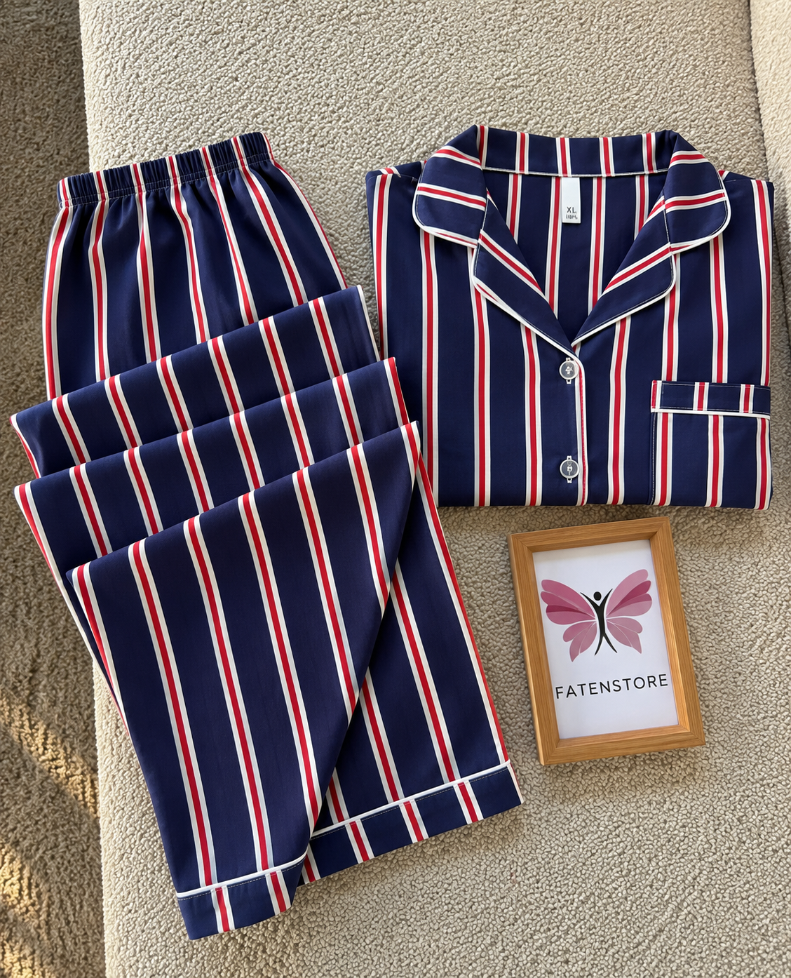 Navy Blue Striped Padded 3 Piece Night Suit