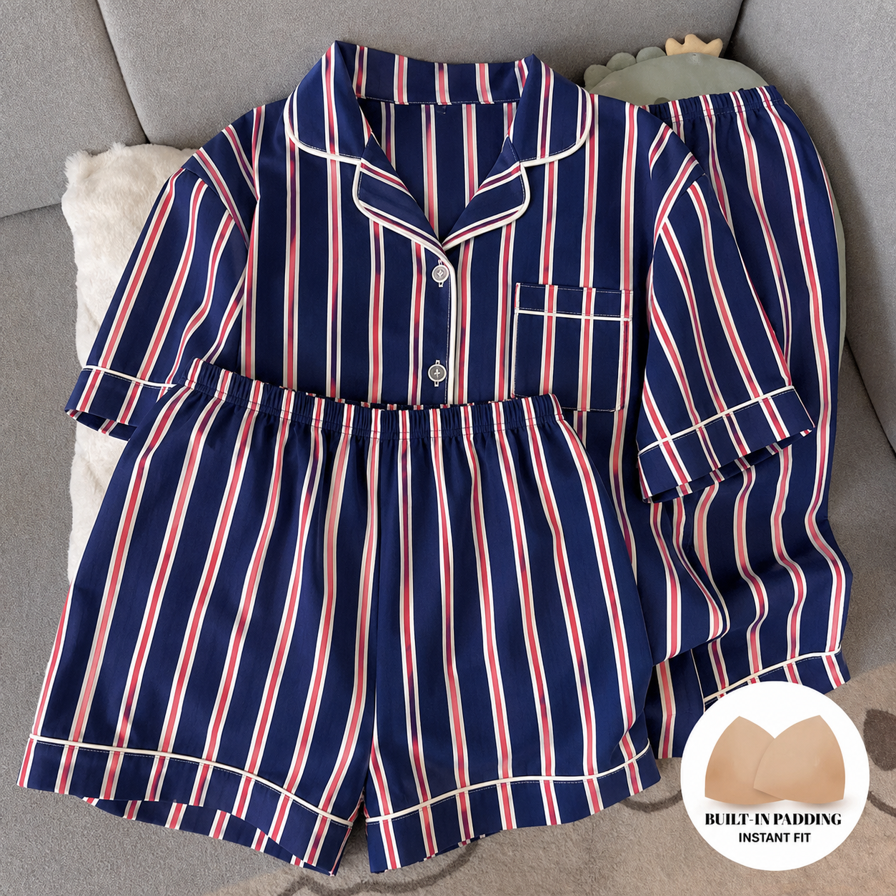 Navy Blue Striped Padded 3 Piece Night Suit