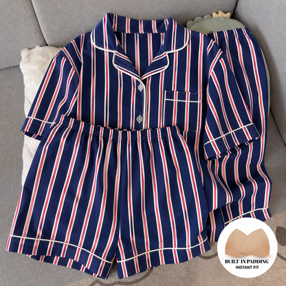 Navy Blue Striped Padded 3 Piece Night Suit