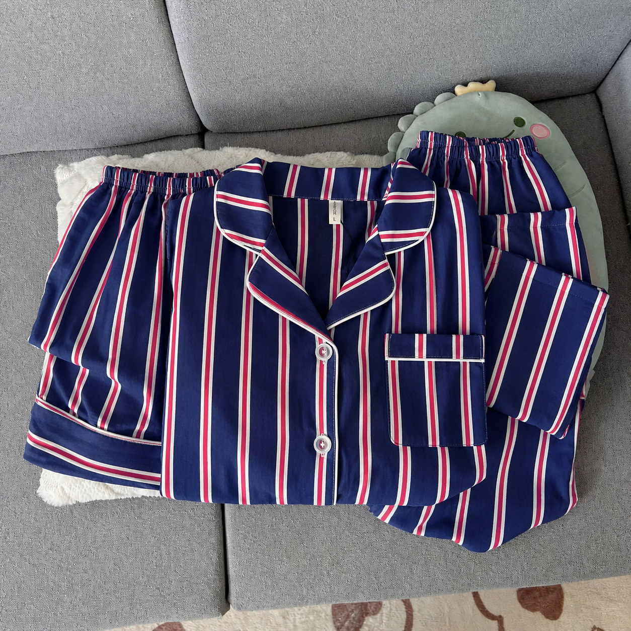 Navy Blue Striped Padded 3 Piece Night Suit