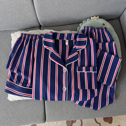 Navy Blue Striped Padded 3 Piece Night Suit