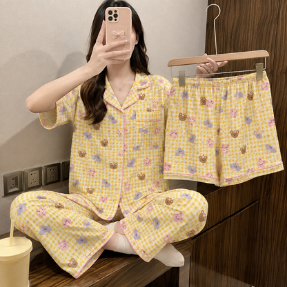 Yellow Gingham Padded 3 Piece Night Suit