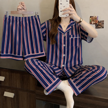 Navy Blue Striped Padded 3 Piece Night Suit
