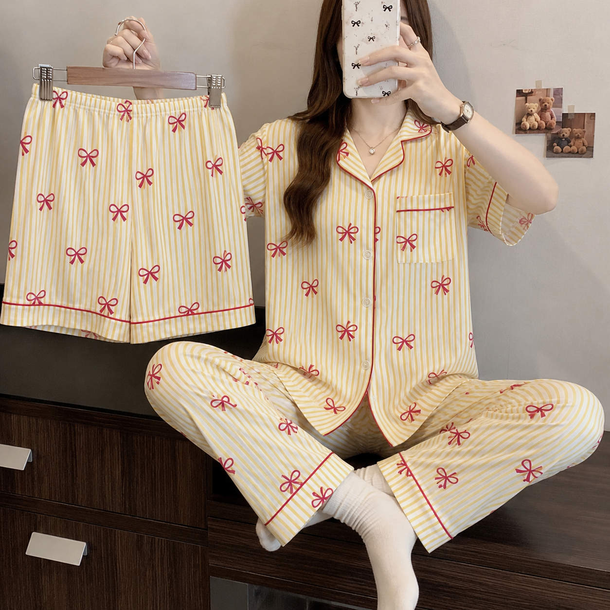 Yellow Striped Bow Padded 3 Piece Night Suit