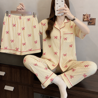Yellow Striped Bow Padded 3 Piece Night Suit