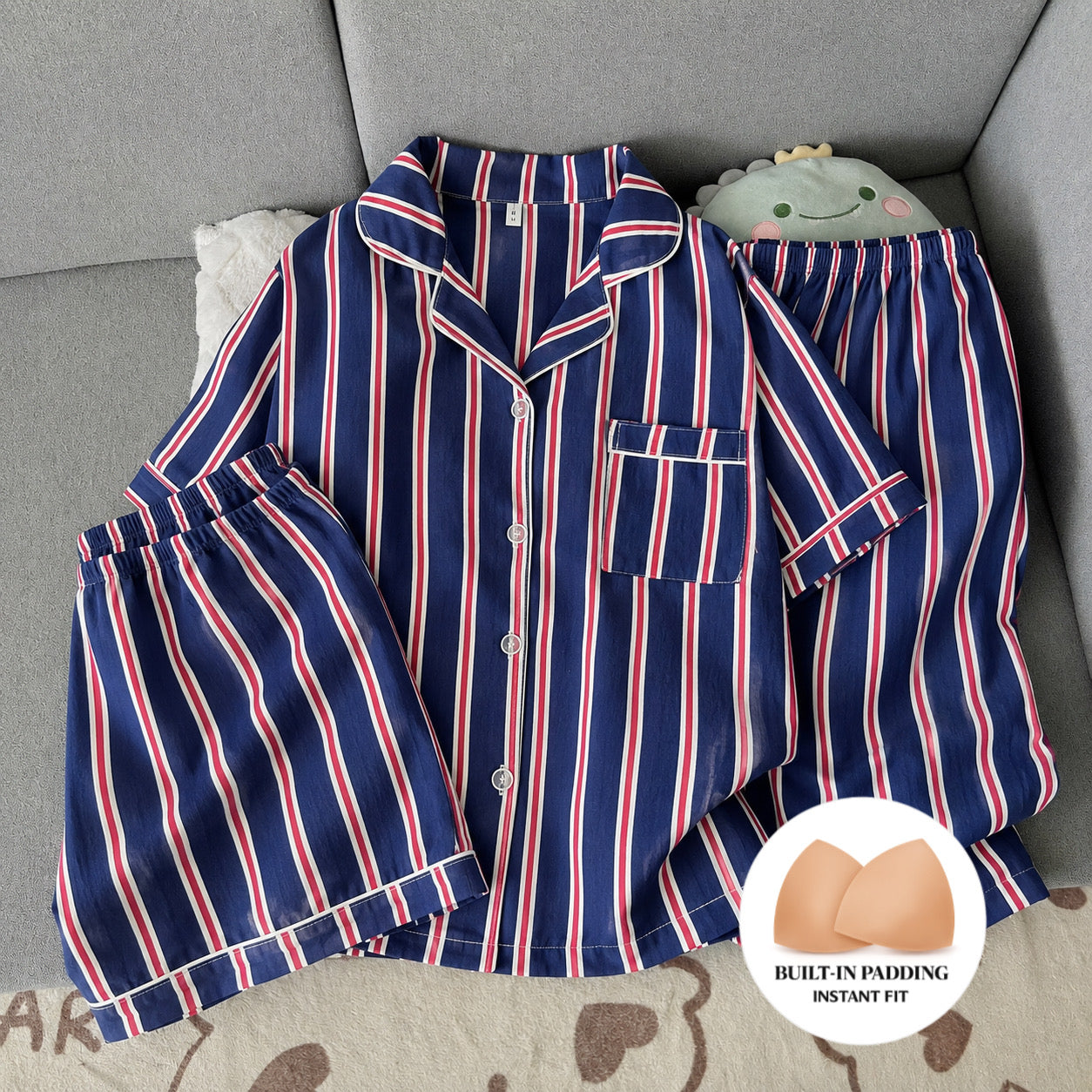 Navy Blue Striped Padded 3 Piece Night Suit