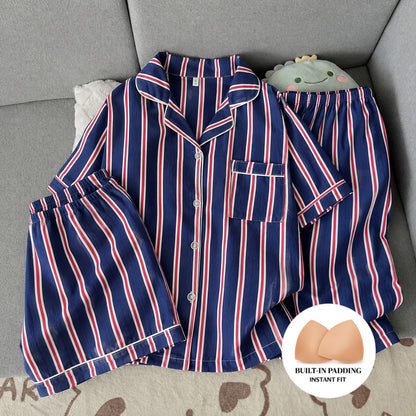 Navy Blue Striped Padded 3 Piece Night Suit