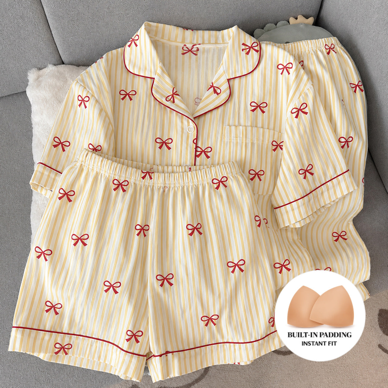 Yellow Striped Bow Padded 3 Piece Night Suit