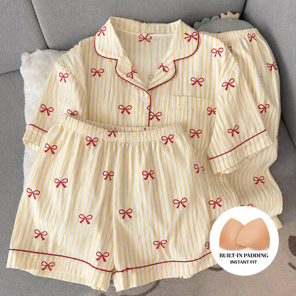 Yellow Striped Bow Padded 3 Piece Night Suit
