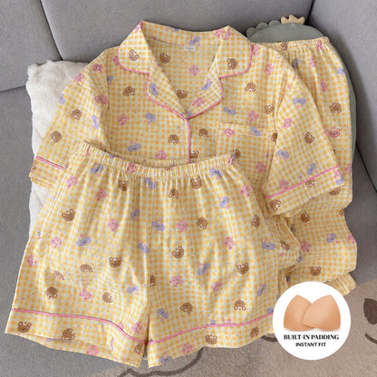 Yellow Gingham Padded 3 Piece Night Suit