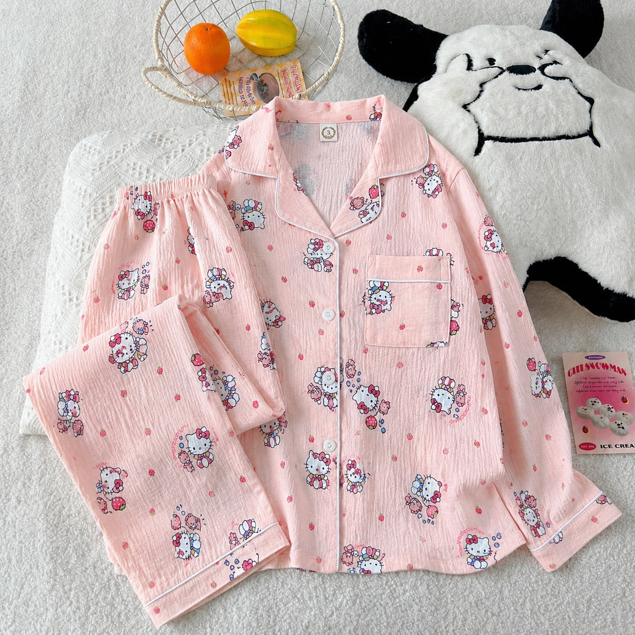 Pink Kitty Full Sleeve 2 Piece Night Suit
