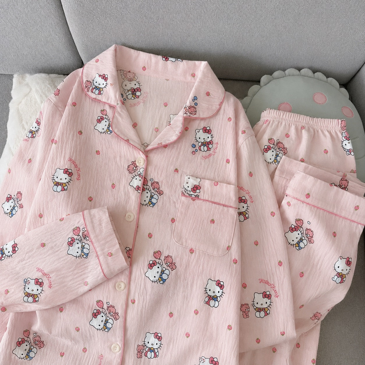 Pink Kitty Full Sleeve 2 Piece Night Suit