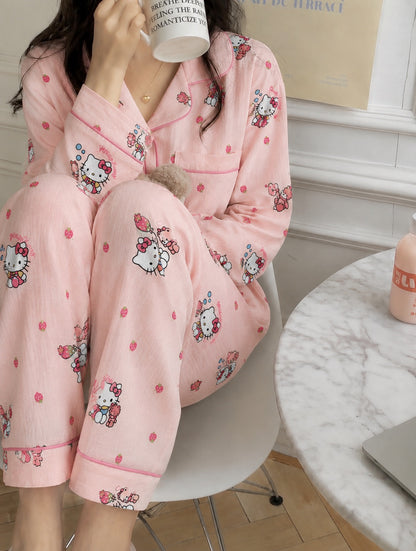Pink Kitty Full Sleeve 2 Piece Night Suit