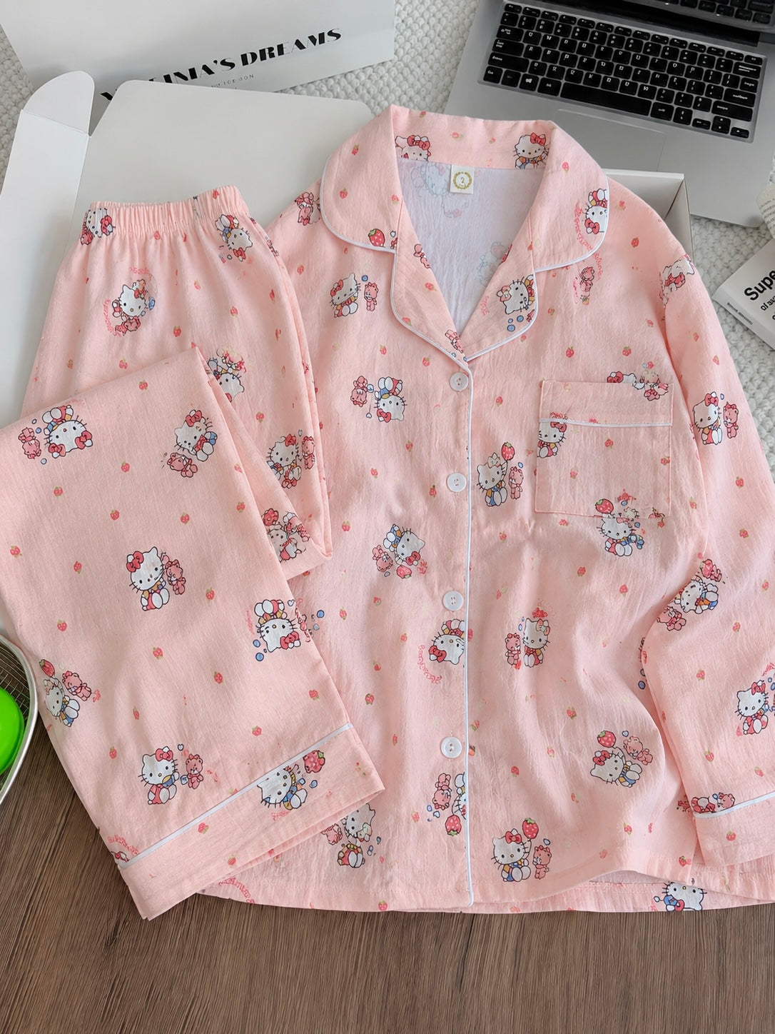 Pink Kitty Full Sleeve 2 Piece Night Suit