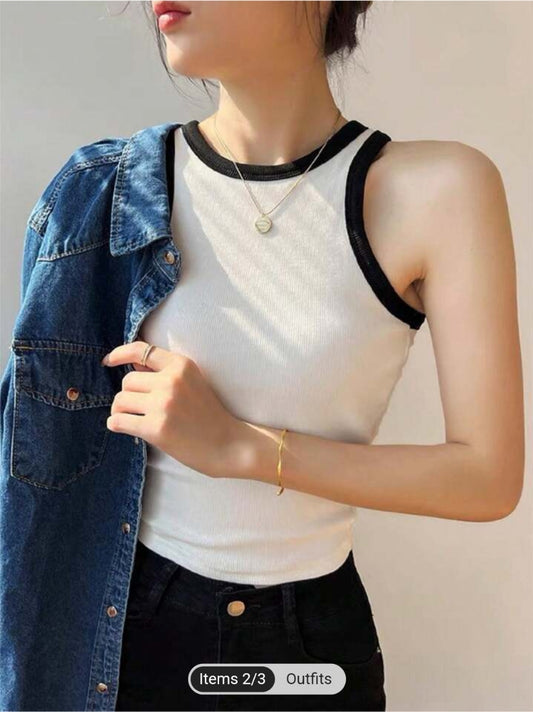 White Contrast Tank Top For Women