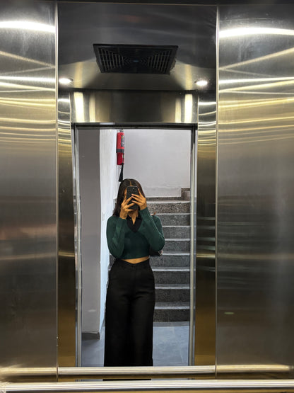 Green V-neck Knit Sweater For Women