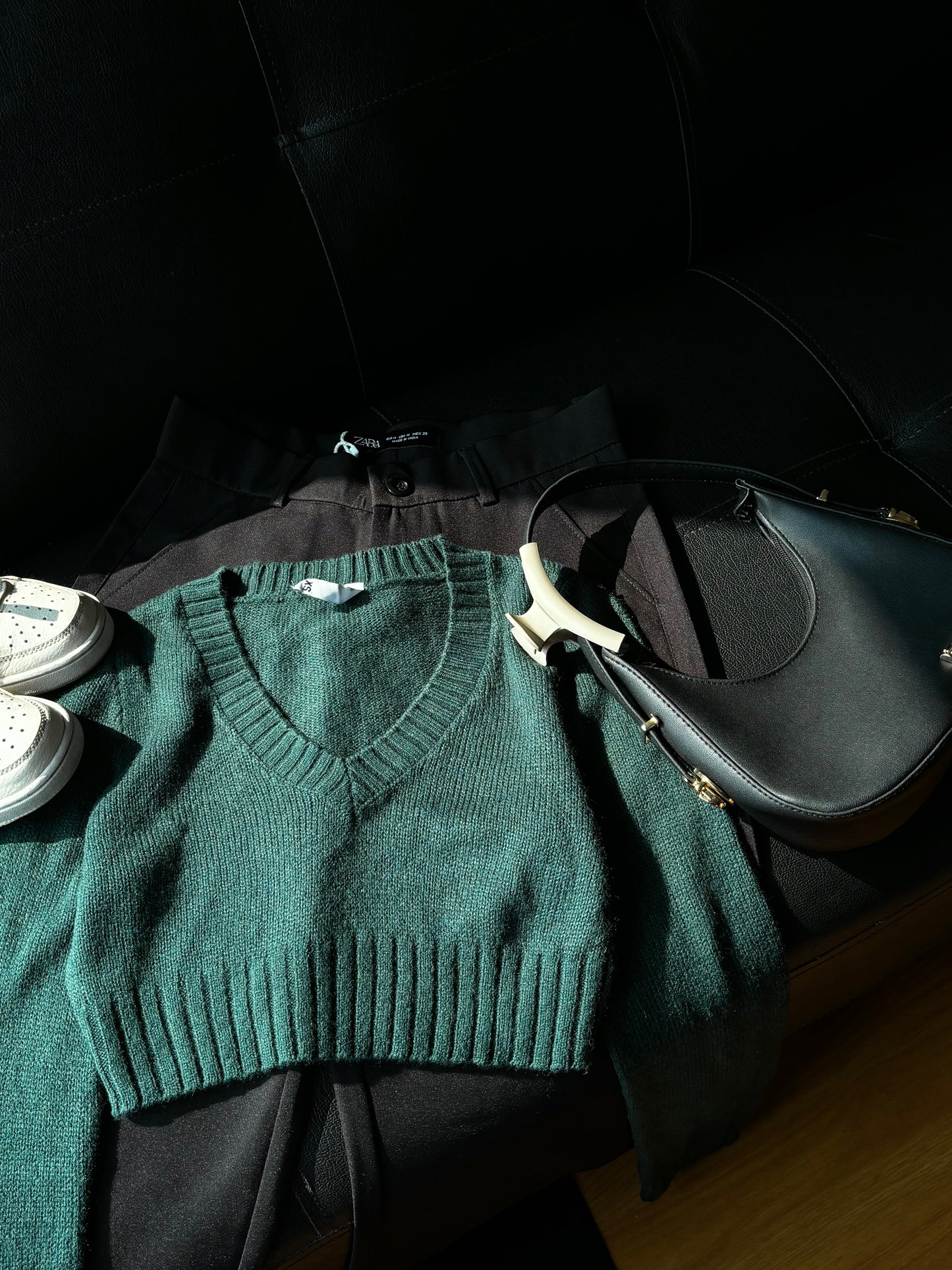 Green V-neck Knit Sweater For Women