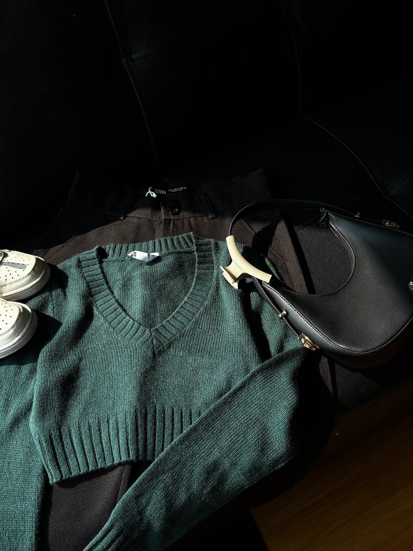 Green V-neck Knit Sweater For Women