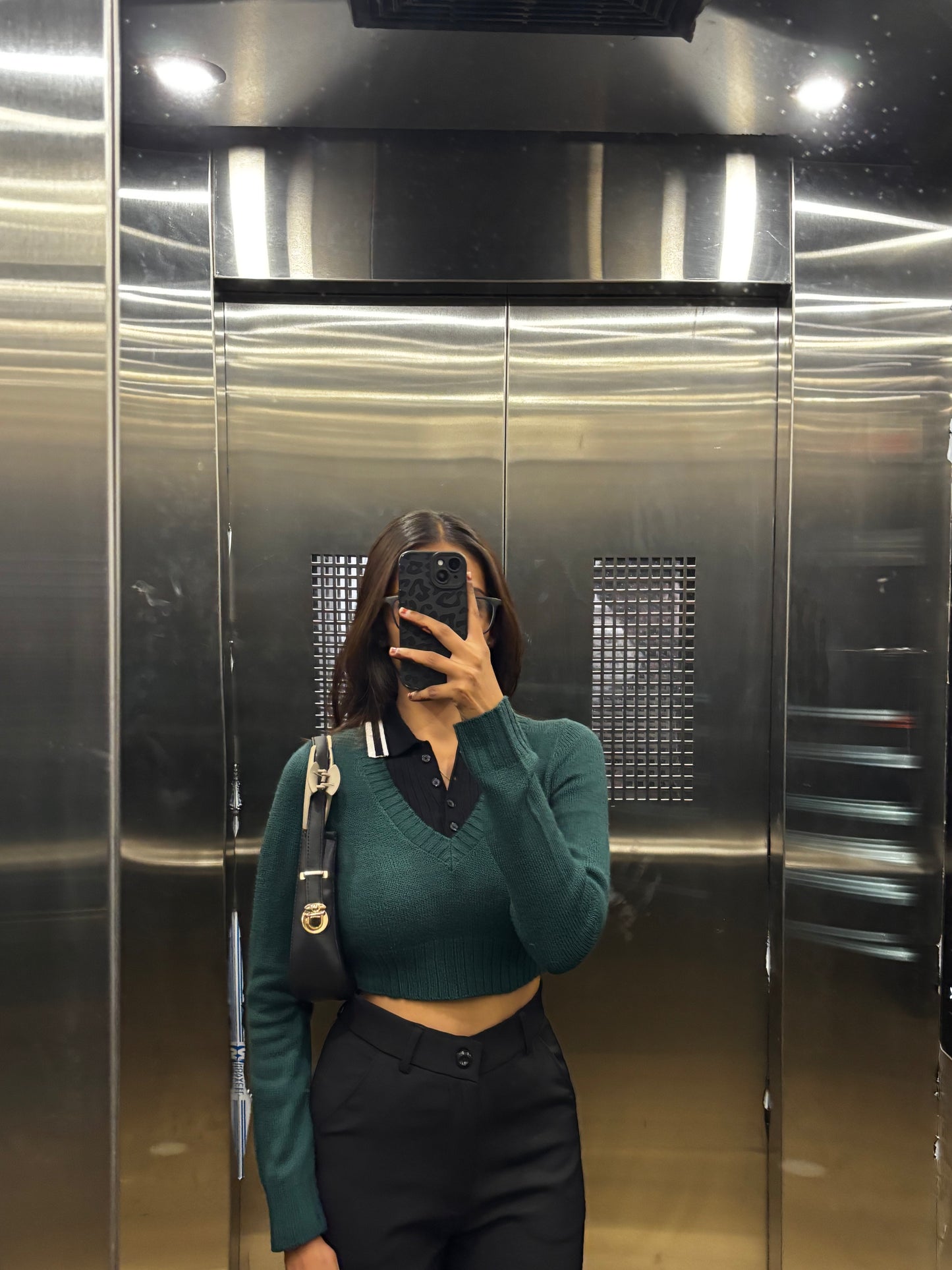 Green V-neck Knit Sweater For Women