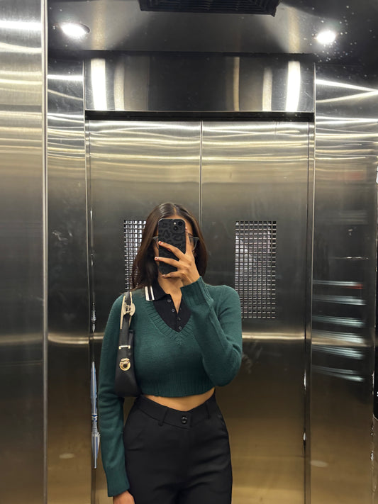 Green V-neck Knit Sweater For Women