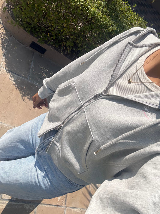 Grey Oversized Double Zipper Hoodie