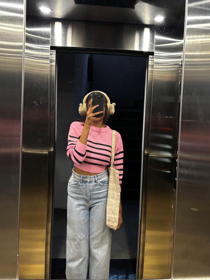 Pink Striped Crop Sweater For Women