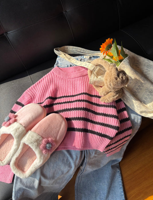 Pink Striped Crop Sweater For Women