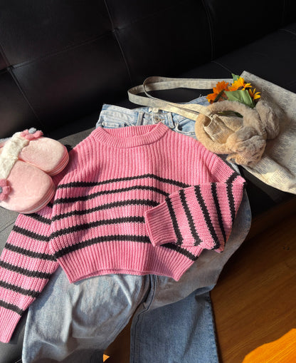 Pink Striped Crop Sweater For Women