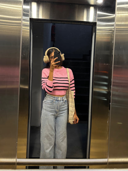 Pink Striped Crop Sweater For Women