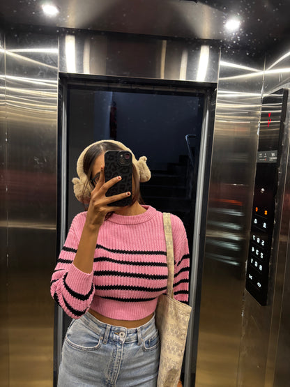 Pink Striped Crop Sweater For Women