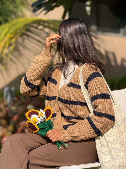 Beige Classic Striped Cardigan For Women