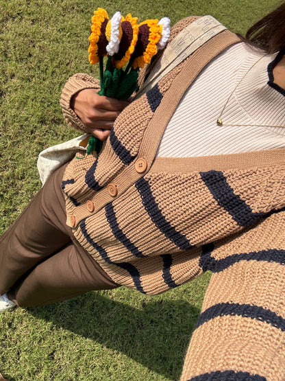 Beige Classic Striped Cardigan For Women