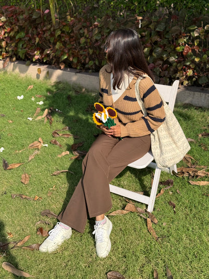 Beige Classic Striped Cardigan For Women