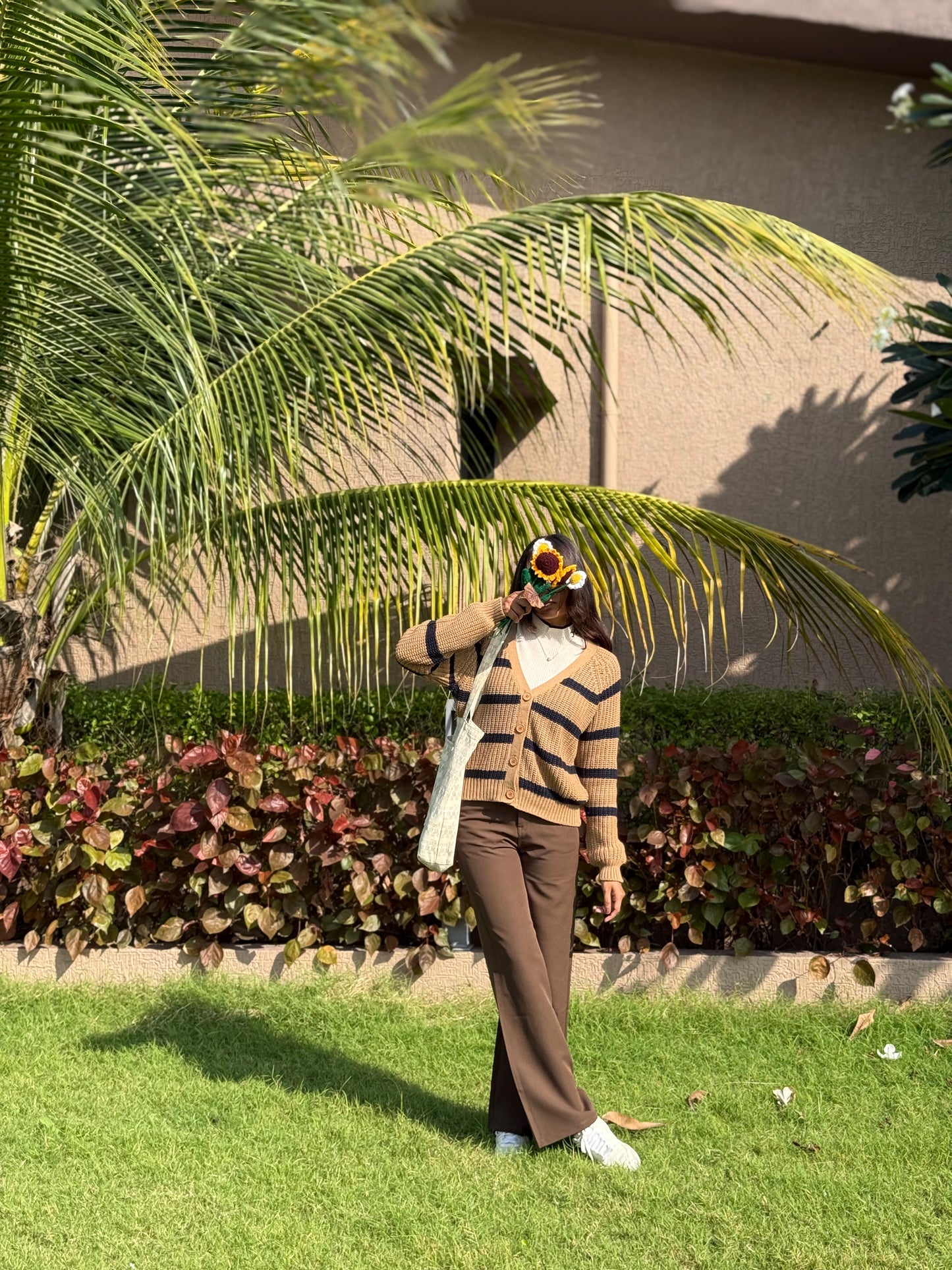 Beige Classic Striped Cardigan For Women