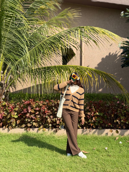 Beige Classic Striped Cardigan For Women