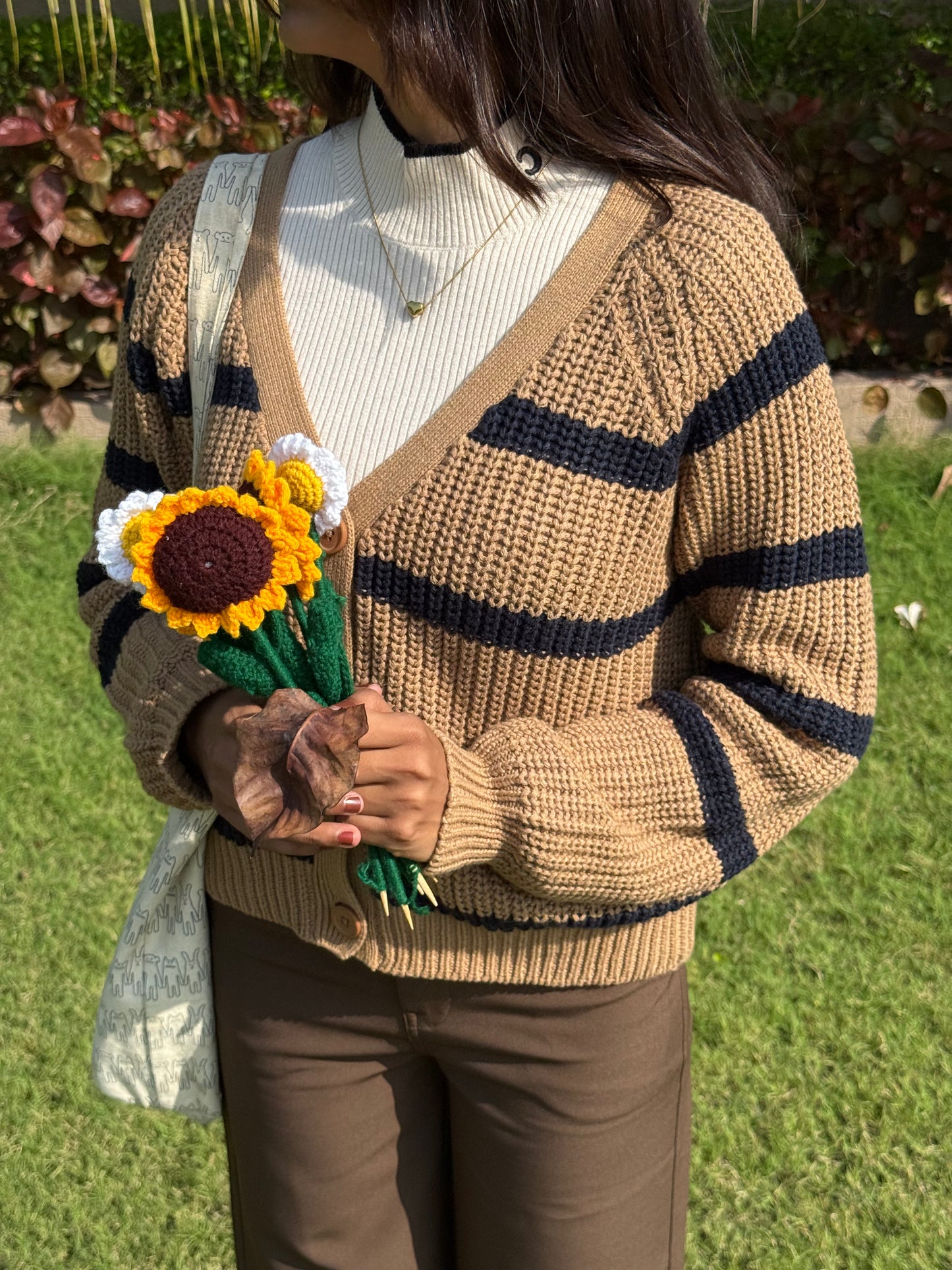 Beige Classic Striped Cardigan For Women