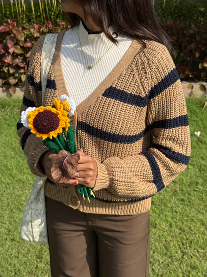 Beige Classic Striped Cardigan For Women