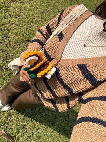 Beige Classic Striped Cardigan For Women