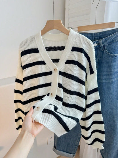 Classic Striped Knit Cardigan For Women