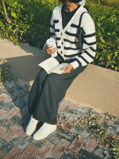 Classic Striped Knit Cardigan For Women