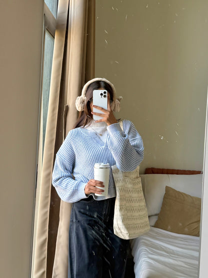 Pastel Blue V-Neck Pullover For Women